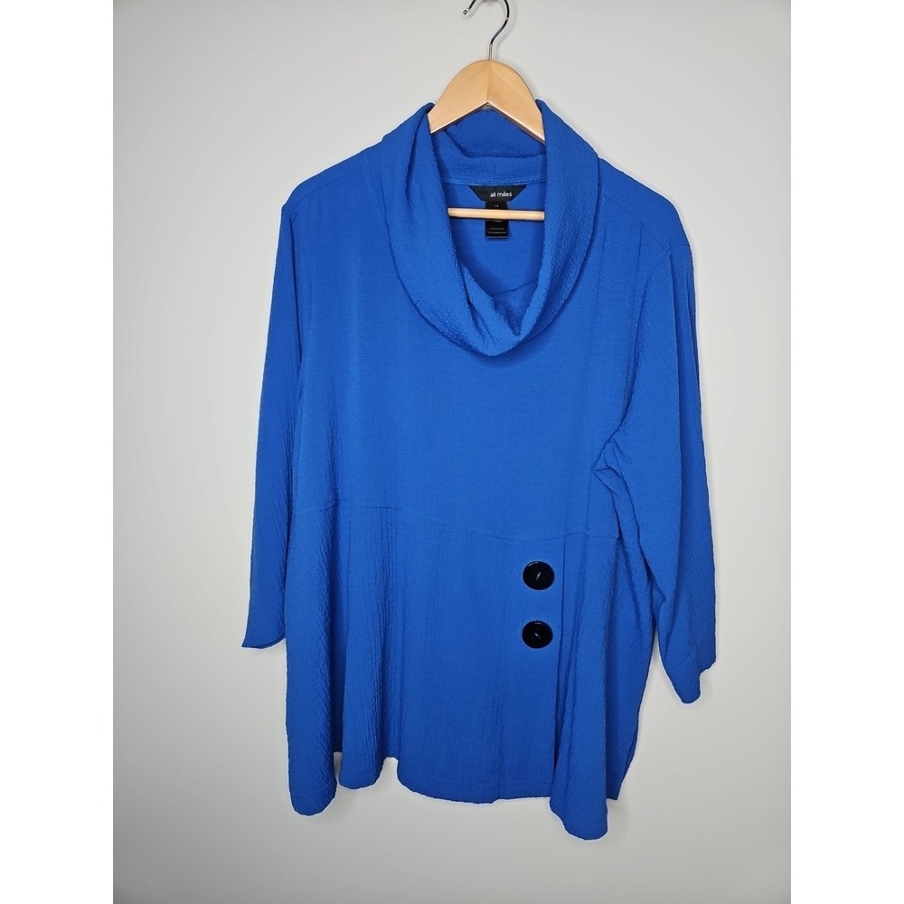 Ali Miles 1X Woven Pucker Textured Cowl Neck Lagenlook Tunic Top Artsy Buttons